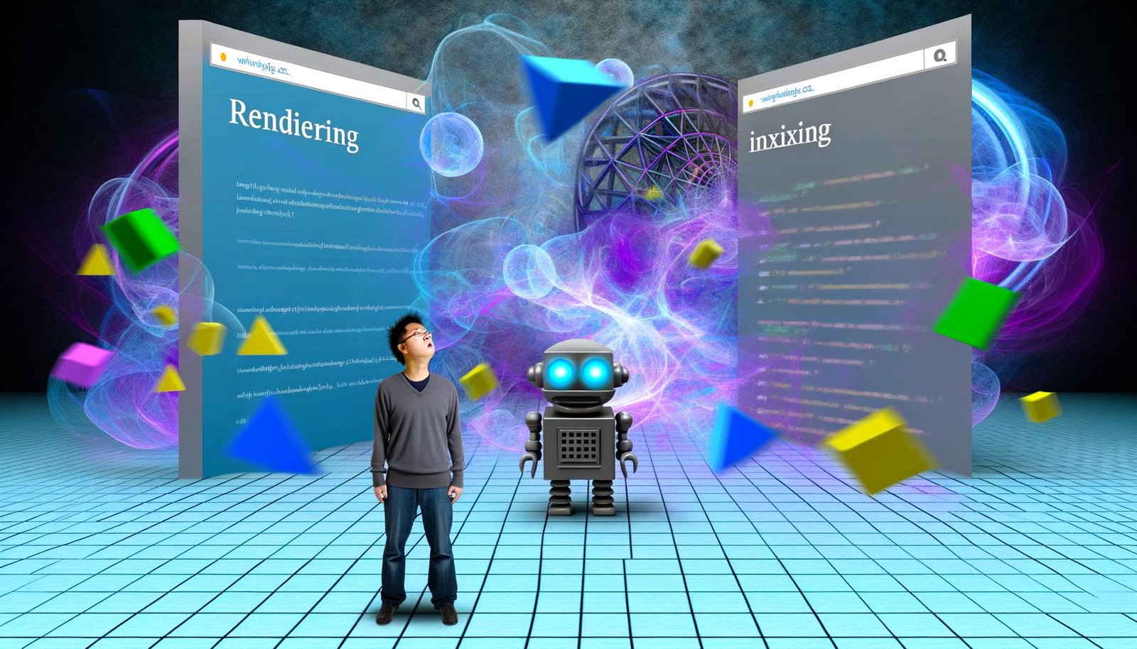 Moderner SEO-Experte steht verwirrt vor den Hürden 'Rendering' und 'Indexing' auf animierter JavaScript-Website, während ein Googlebot im Hintergrund nur Teile des Inhalts wahrnimmt.