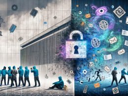 Illustration eines metaphorischen Schlachtfelds zwischen EU-Bürokratie und Tech-Startups mit kühlen und neonfarbenen Kontrasten, Symbolen wie DSGVO-Schloss, AI Act Roboter und DMA-Zahnrad sowie zentrales Glühbirnensockel-Motiv.