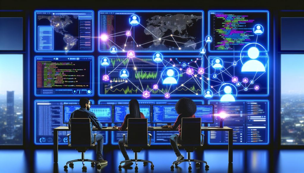 Futuristisches Command Center mit Social Media Dashboards, Entwicklern, Marketern und leuchtenden API-Verbindungen zwischen allen sozialen Netzwerken