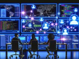 Futuristisches Command Center mit Social Media Dashboards, Entwicklern, Marketern und leuchtenden API-Verbindungen zwischen allen sozialen Netzwerken