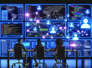 Futuristisches Command Center mit Social Media Dashboards, Entwicklern, Marketern und leuchtenden API-Verbindungen zwischen allen sozialen Netzwerken