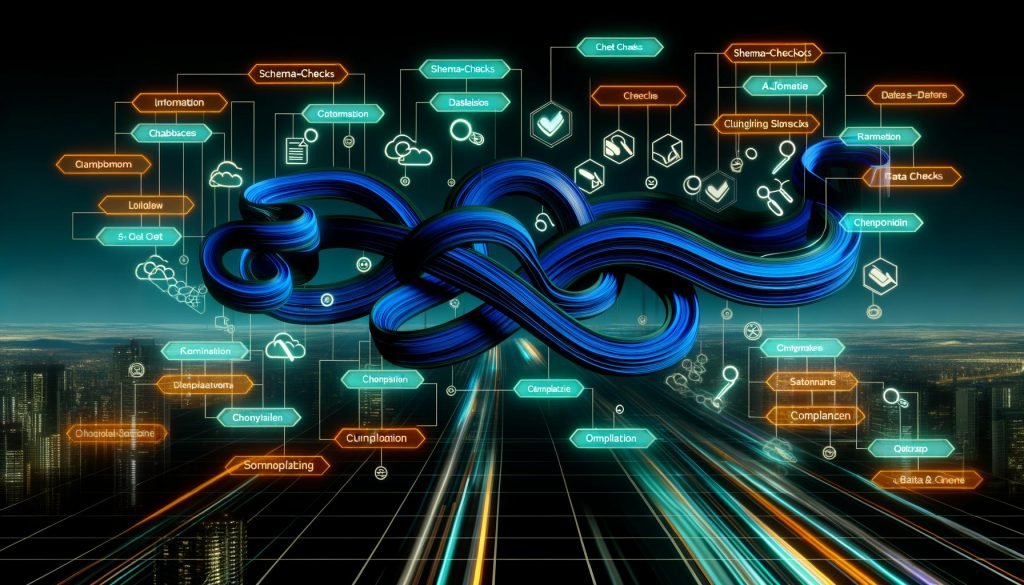 Illustration einer komplexen, farbigen Datenpipeline mit Validierung, Monitoring und Compliance von Datenquellen Richtung Data Warehouse, begleitet von futuristischen Begriffen, im Hintergrund moderne Büros.