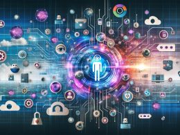 Moderne Collage eines Menschen inmitten digitaler Netzwerke, umgeben von KI-bezogenen Icons wie Chatbots, Sprachassistenten, Social Media und Technik, mit futuristischer Großstadt im Hintergrund.