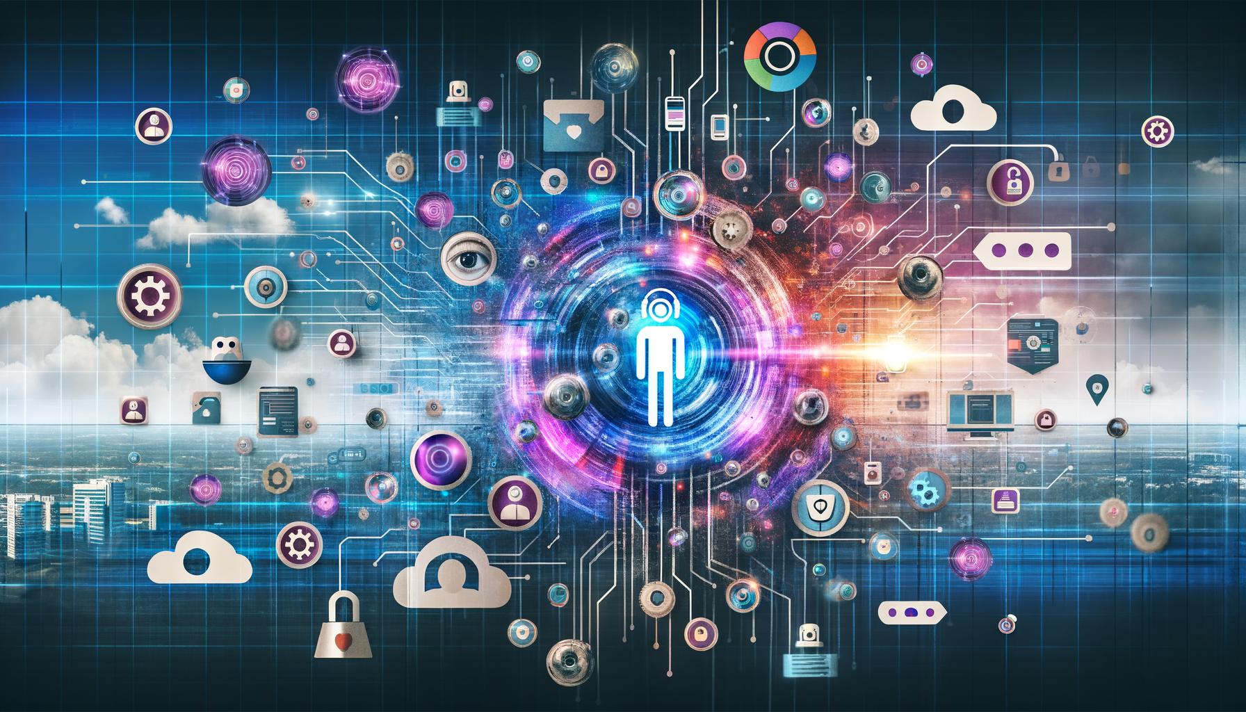 Moderne Collage eines Menschen inmitten digitaler Netzwerke, umgeben von KI-bezogenen Icons wie Chatbots, Sprachassistenten, Social Media und Technik, mit futuristischer Großstadt im Hintergrund.