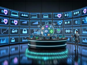 Marketer in Hightech-Kontrollraum mit Echtzeit-Dashboards, Proxy-Server und durchleuchteten Datenschutzelementen, die Datenströme kontrollieren.