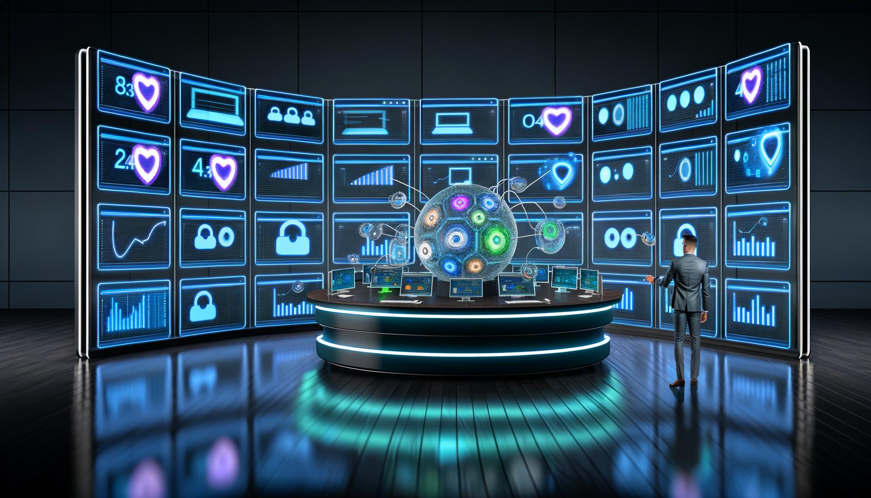 Marketer in Hightech-Kontrollraum mit Echtzeit-Dashboards, Proxy-Server und durchleuchteten Datenschutzelementen, die Datenströme kontrollieren.