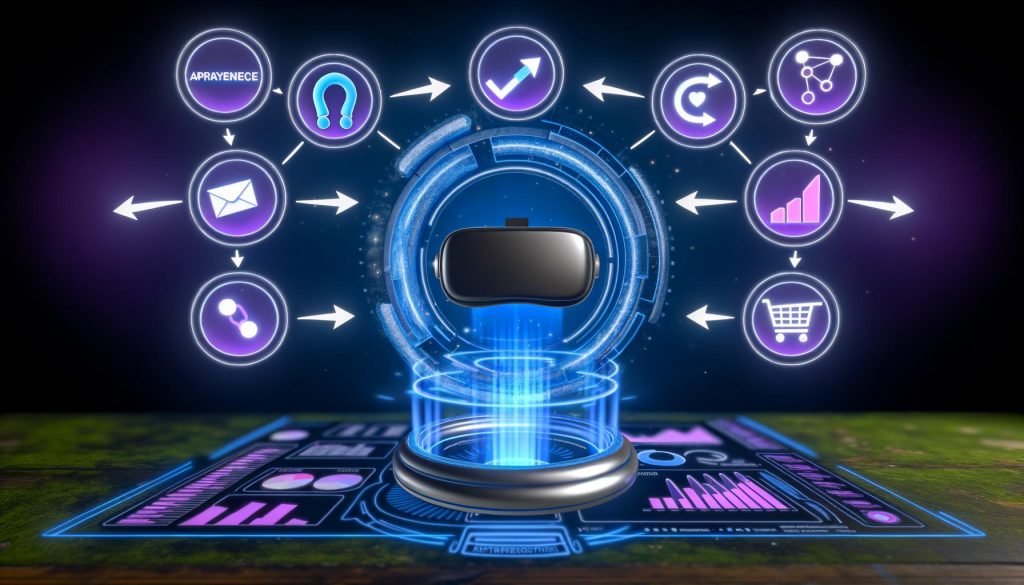 Futuristischer Arbeitsplatz mit VR-Headset, holografischen Sales Funnel-Stufen, Gumroad-Logo und technischen Marketing-Statistiken vor einem sci-fi Hintergrund.