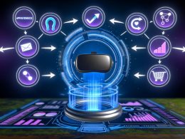 Futuristischer Arbeitsplatz mit VR-Headset, holografischen Sales Funnel-Stufen, Gumroad-Logo und technischen Marketing-Statistiken vor einem sci-fi Hintergrund.