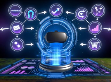 Futuristischer Arbeitsplatz mit VR-Headset, holografischen Sales Funnel-Stufen, Gumroad-Logo und technischen Marketing-Statistiken vor einem sci-fi Hintergrund.