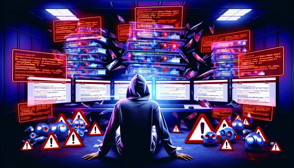 Titelbild einer Person im Hoodie vor Monitoren mit roten SEO-Fehlermeldungen, umgeben von Suchmaschinen-Bots, Alarmlichtern und zerbrochenen Webseiten in kühlen Digitalfarben, inspiriert vom Cyberpunk-Look.