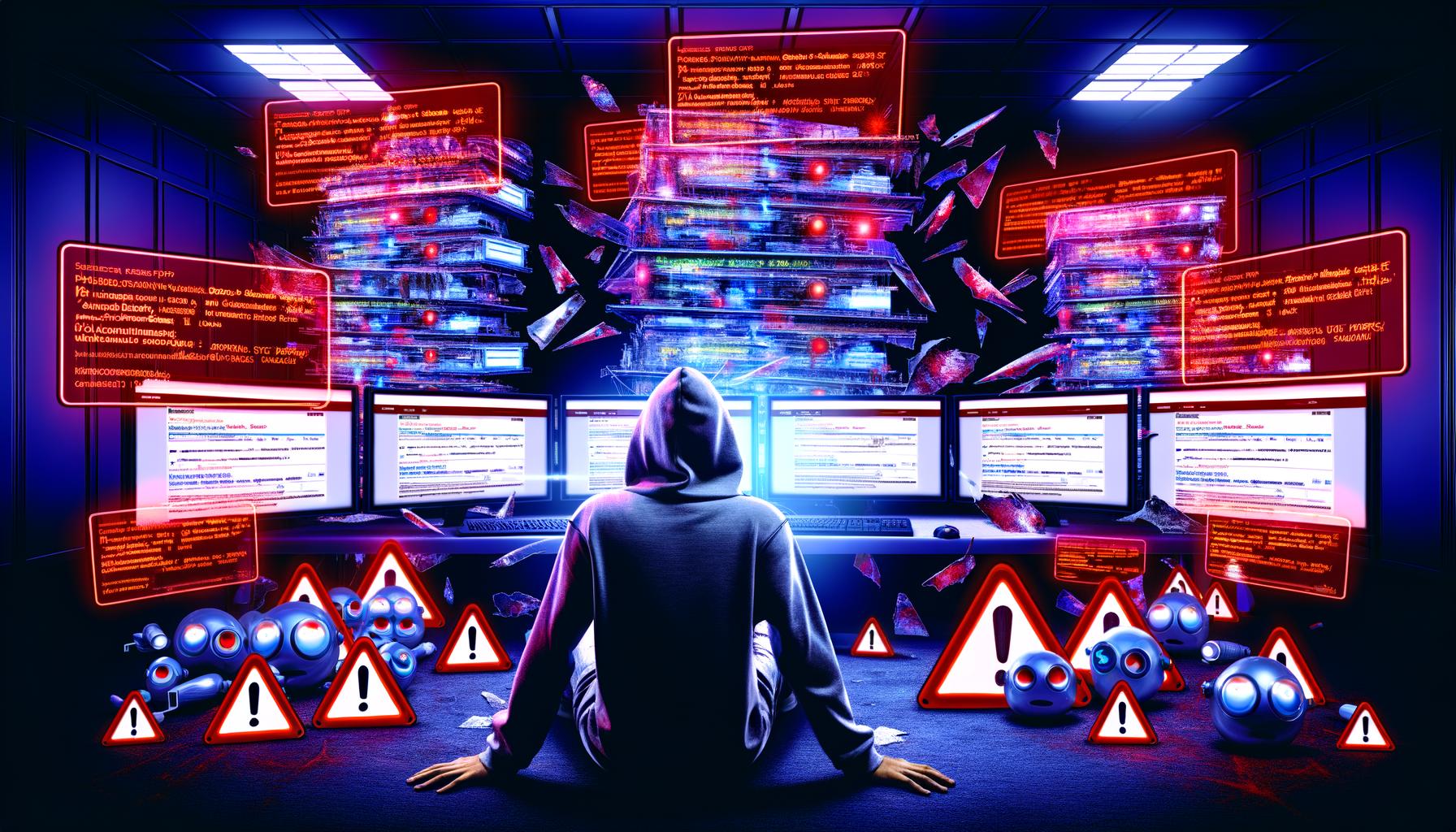 Titelbild einer Person im Hoodie vor Monitoren mit roten SEO-Fehlermeldungen, umgeben von Suchmaschinen-Bots, Alarmlichtern und zerbrochenen Webseiten in kühlen Digitalfarben, inspiriert vom Cyberpunk-Look.