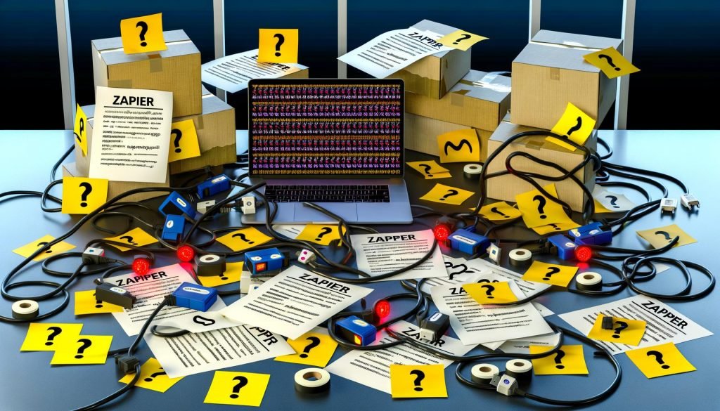 Chaotischer Desktop mit Kabelsalat, Fehler-Icons und streitenden Robotern im Hintergrund – Symbol für fehlgeplante Workflow-Automatisierung.