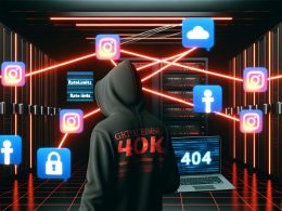 Technik-Profi mit Laptop vor einem stylisierten, von Datenströmen durchzogenen Serverraum im Neo-Noir-Look, mit Logos von Facebook, Instagram, LinkedIn, TikTok und X sowie blinkenden Sicherheitswarnungen. 404 Magazine Branding schwebt im Hintergrund.