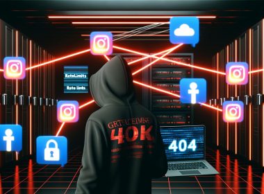 Technik-Profi mit Laptop vor einem stylisierten, von Datenströmen durchzogenen Serverraum im Neo-Noir-Look, mit Logos von Facebook, Instagram, LinkedIn, TikTok und X sowie blinkenden Sicherheitswarnungen. 404 Magazine Branding schwebt im Hintergrund.
