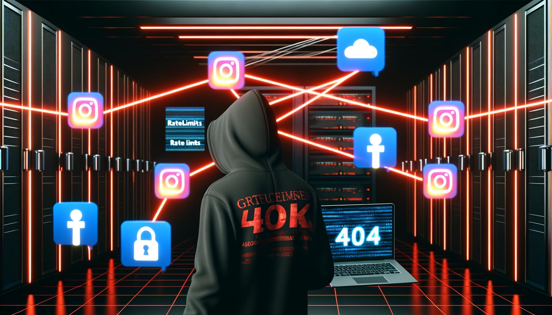 Technik-Profi mit Laptop vor einem stylisierten, von Datenströmen durchzogenen Serverraum im Neo-Noir-Look, mit Logos von Facebook, Instagram, LinkedIn, TikTok und X sowie blinkenden Sicherheitswarnungen. 404 Magazine Branding schwebt im Hintergrund.