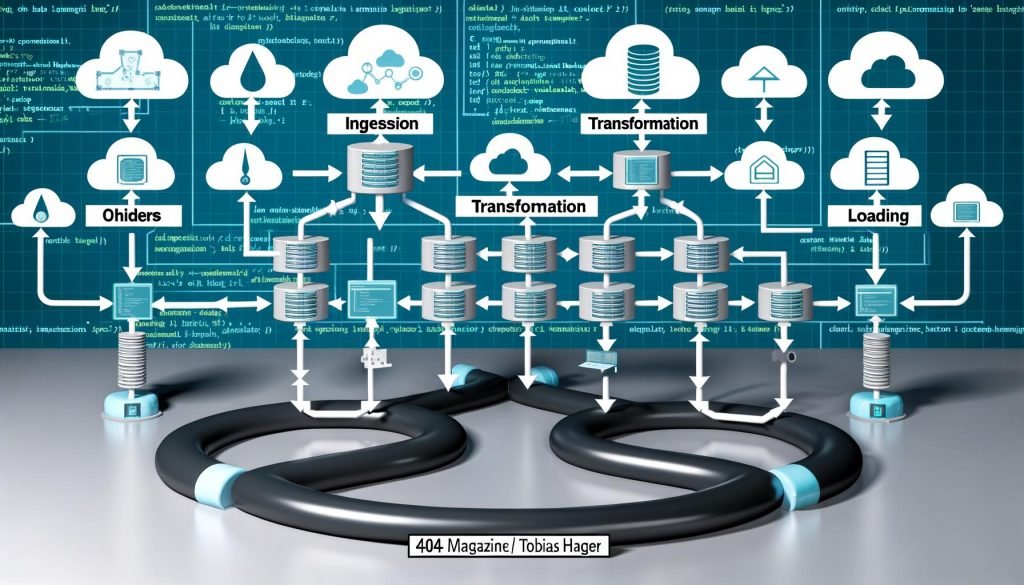 Dynamische Grafik eines modernen Data Engineering Workflows mit Datenquellen, Ingestion, Transformation, Loading und Monitoring über bekannte Tools und Cloud-Datenplattformen.