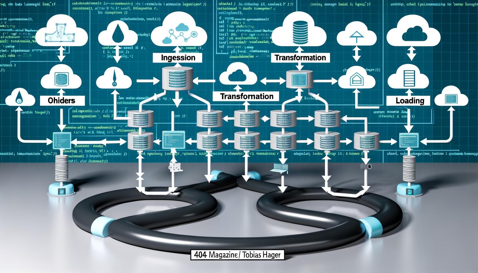 Dynamische Grafik eines modernen Data Engineering Workflows mit Datenquellen, Ingestion, Transformation, Loading und Monitoring über bekannte Tools und Cloud-Datenplattformen.