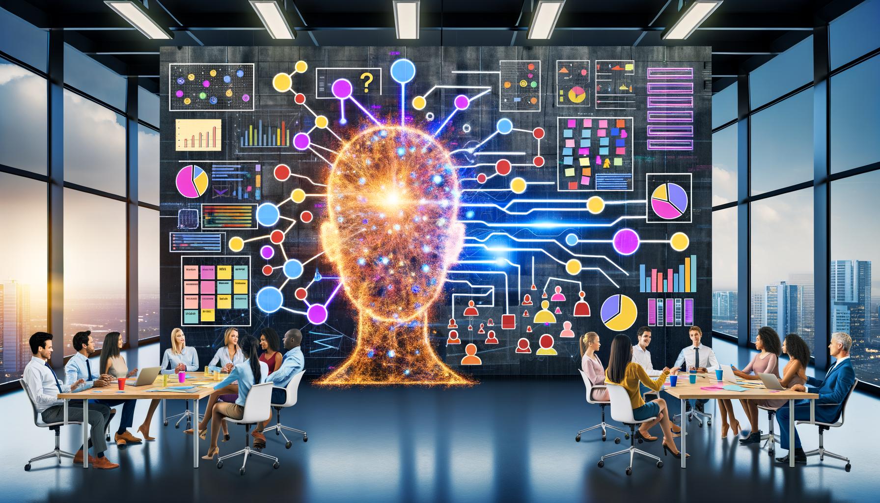Modernes, farbenfrohes Büro mit mehreren Monitoren, KI-Visualisierung als glühendes Netzwerk, diversen Menschen bei der Diskussion über Machine Learning und Marketing-Analytics, Hintergrund mit Serverracks und Social-Media-Icons.