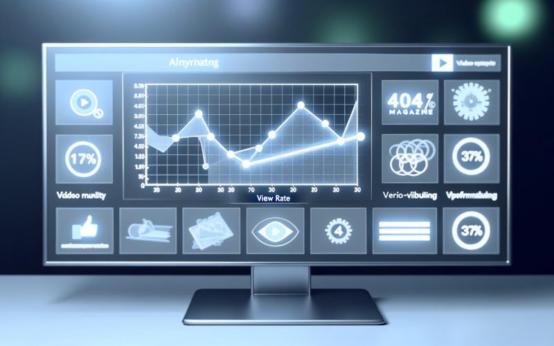 Digitales Dashboard mit Echtzeitgraph zur View Rate, Videomarketing-Symbolen und modernen Performance-Marketing-Analysen auf Monitor