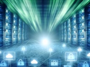 Futuristischer Serverraum mit leuchtenden Servern, Datenströmen durch einen digitalen Proxy, umgeben von Symbolen für Analytik, Cloud und geblockte Adblocker.