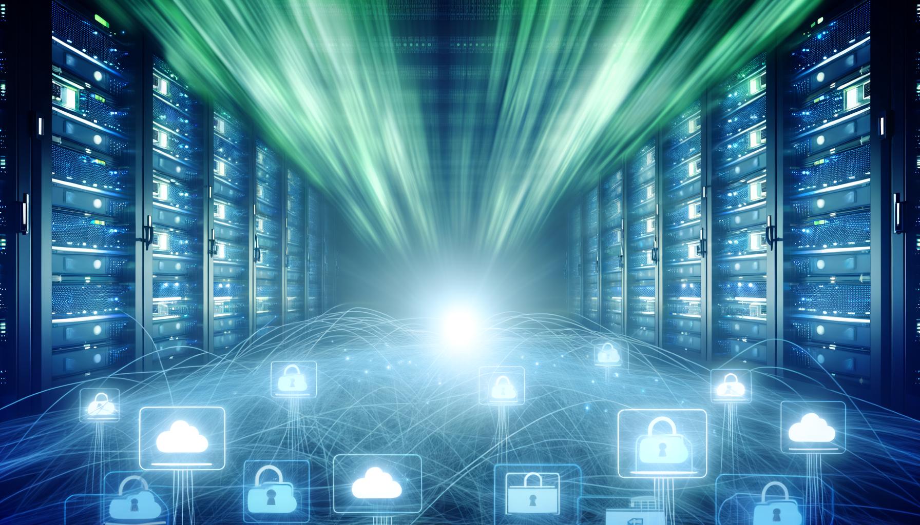 Futuristischer Serverraum mit leuchtenden Servern, Datenströmen durch einen digitalen Proxy, umgeben von Symbolen für Analytik, Cloud und geblockte Adblocker.