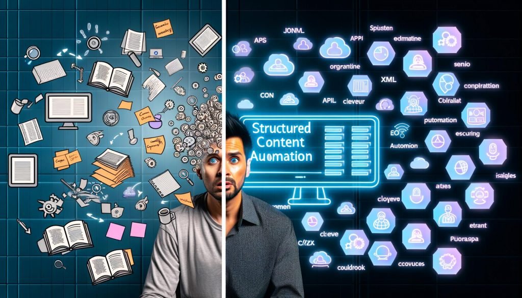 Gesplittete Illustration eines überarbeiteten Content-Redakteurs mit manueller Arbeit und einer effizienten, automatisierten Headless CMS-Umgebung.