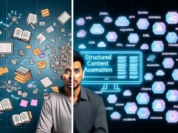 Gesplittete Illustration eines überarbeiteten Content-Redakteurs mit manueller Arbeit und einer effizienten, automatisierten Headless CMS-Umgebung.