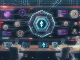 Futuristischer Arbeitsplatz mit Gumroad-Dashboard, Web3-Elementen, NFT-Hologrammen und Fachleuten bei der Analyse von Blockchain-Diagrammen.