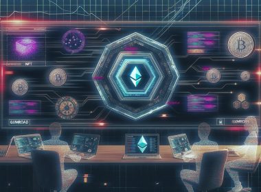 Futuristischer Arbeitsplatz mit Gumroad-Dashboard, Web3-Elementen, NFT-Hologrammen und Fachleuten bei der Analyse von Blockchain-Diagrammen.