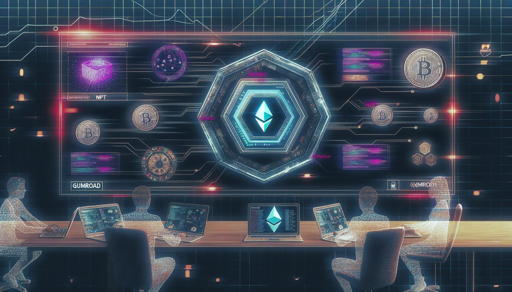 Futuristischer Arbeitsplatz mit Gumroad-Dashboard, Web3-Elementen, NFT-Hologrammen und Fachleuten bei der Analyse von Blockchain-Diagrammen.