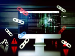 Düster-ästhetische Szene mit Computerbildschirm, auf dem eine perfekte Website sichtbar ist, während Risse, digitale Glitches und Warnsymbole wie 404 und Broken Chain verdeutlichen, dass im Verborgenen Links kaputt sind.