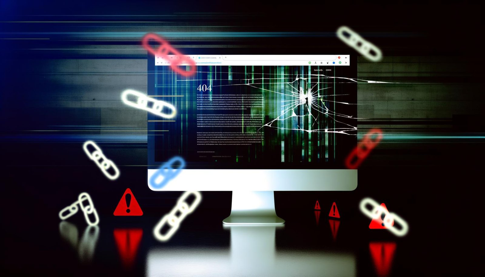 Düster-ästhetische Szene mit Computerbildschirm, auf dem eine perfekte Website sichtbar ist, während Risse, digitale Glitches und Warnsymbole wie 404 und Broken Chain verdeutlichen, dass im Verborgenen Links kaputt sind.