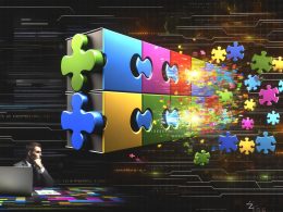 Stilisierte Editorial-Illustration eines Server-Racks mit farbigen Social-Media-Logos als Puzzlestücke, leuchtenden Datenströmen und einem überforderten Marketer vor Fehlermeldungen.