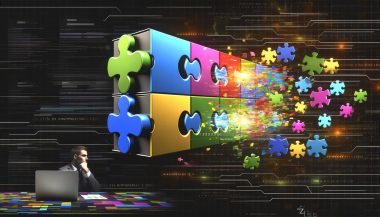 Stilisierte Editorial-Illustration eines Server-Racks mit farbigen Social-Media-Logos als Puzzlestücke, leuchtenden Datenströmen und einem überforderten Marketer vor Fehlermeldungen.