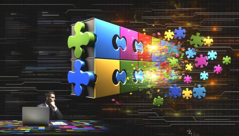 Stilisierte Editorial-Illustration eines Server-Racks mit farbigen Social-Media-Logos als Puzzlestücke, leuchtenden Datenströmen und einem überforderten Marketer vor Fehlermeldungen.