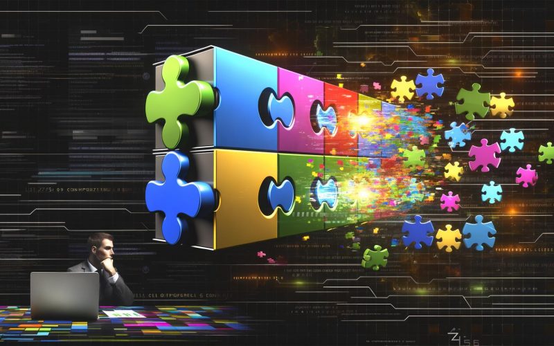 Stilisierte Editorial-Illustration eines Server-Racks mit farbigen Social-Media-Logos als Puzzlestücke, leuchtenden Datenströmen und einem überforderten Marketer vor Fehlermeldungen.