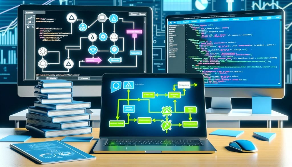 Aufgeräumter Schreibtisch mit mehreren Monitoren, Zapier-Workflow am Laptop, API-Dokumentationen, App-Icons und technischen Warnhinweisen