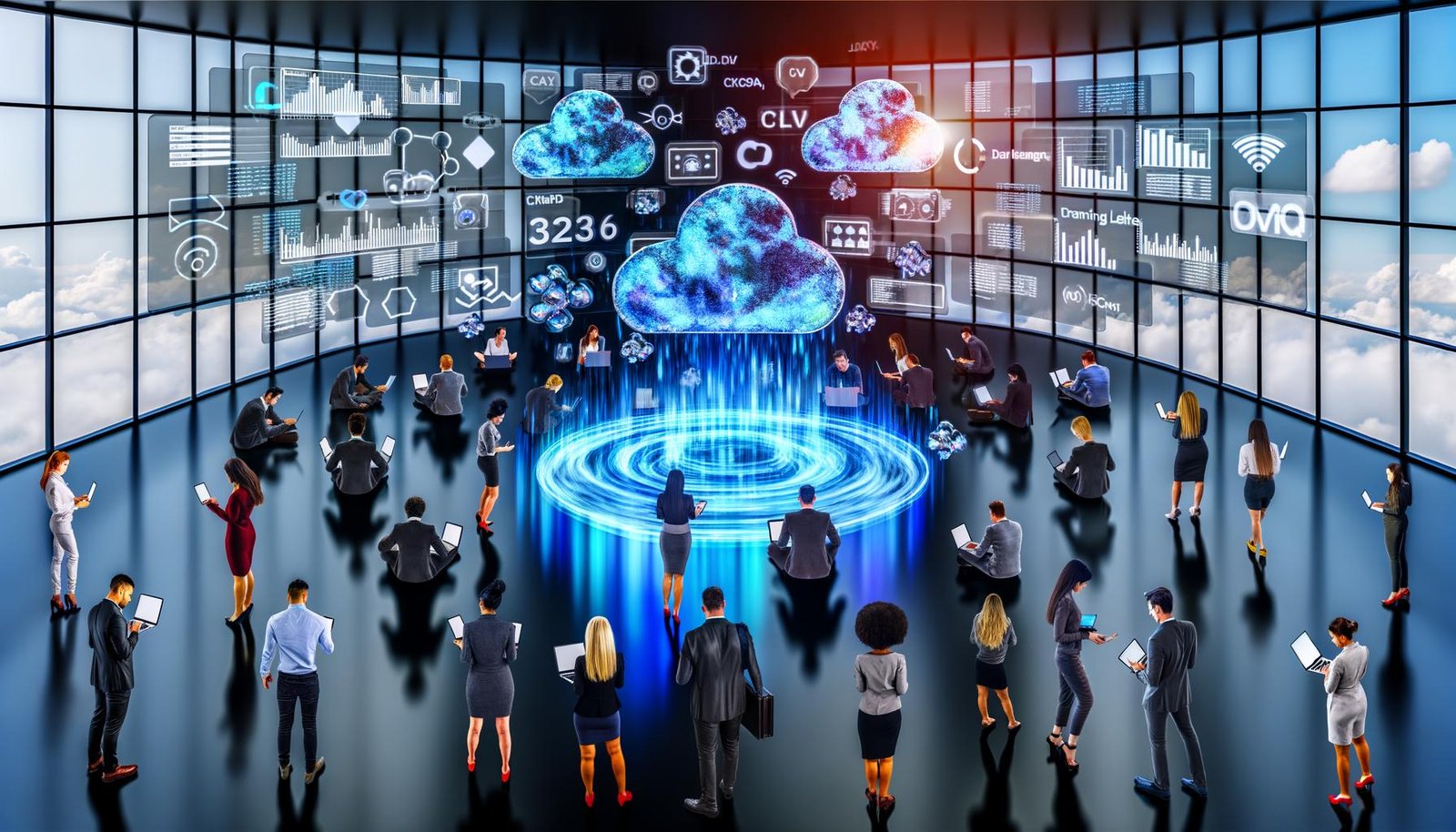 Gruppe von Digital Marketern analysiert an modernen Arbeitsplätzen einen virtuellen Data Lake mit schwebenden Datenströmen und holografischen Dashboards für Wachstum und Marketingkanäle.