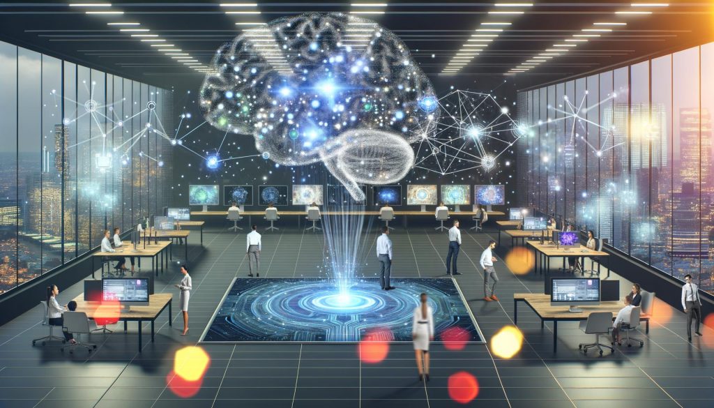Futuristisches Büro mit offenen Arbeitsbereichen, digitalen Displays, holografischen Diagrammen und einem KI-Brain aus Lichtpunkten. Marketer in Business Casual, umgeben von schwebenden Interfaces und leuchtenden Datenpunkten.
