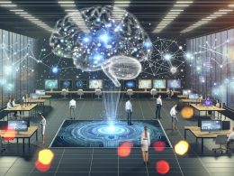 Futuristisches Büro mit offenen Arbeitsbereichen, digitalen Displays, holografischen Diagrammen und einem KI-Brain aus Lichtpunkten. Marketer in Business Casual, umgeben von schwebenden Interfaces und leuchtenden Datenpunkten.