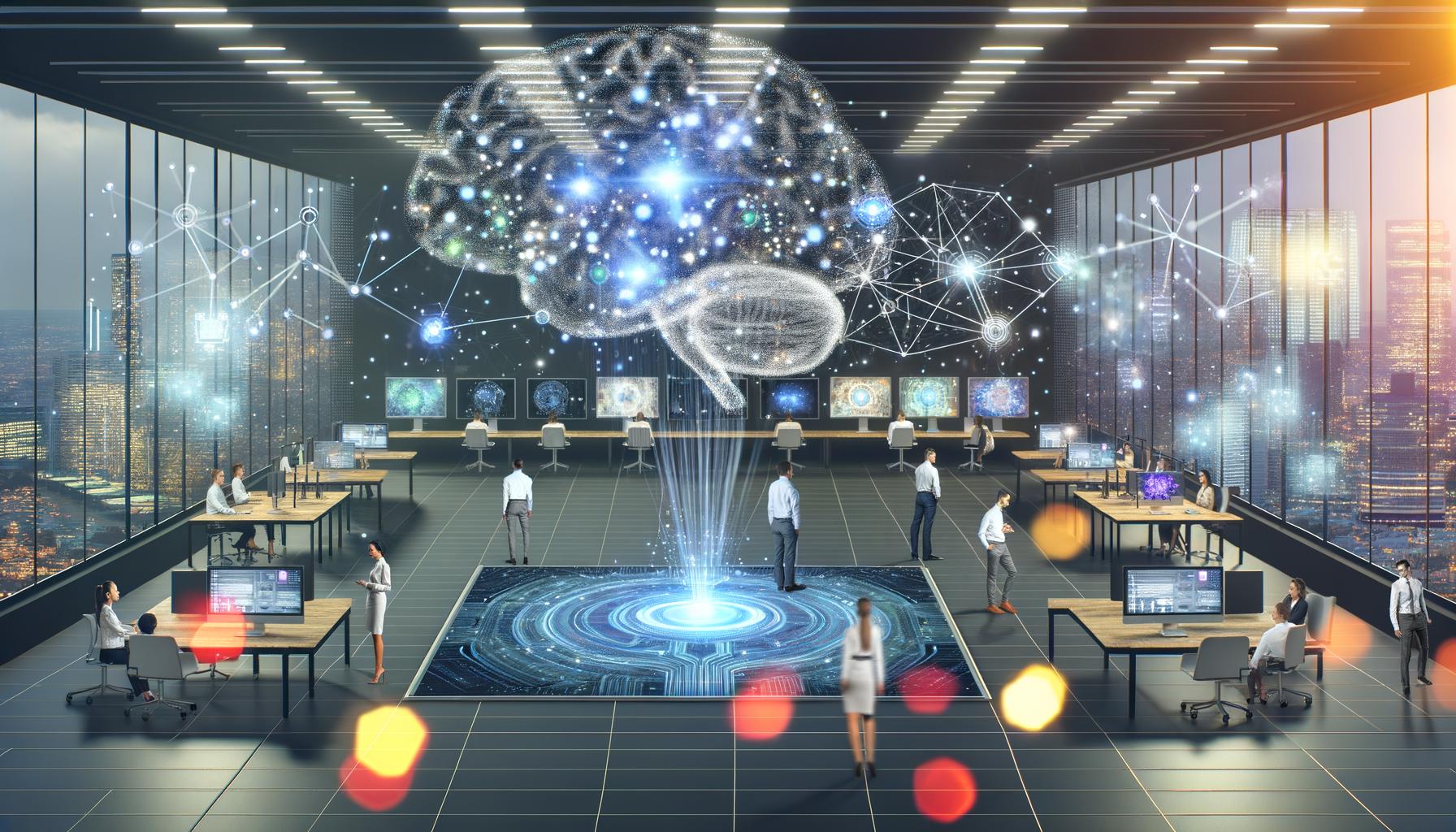 Futuristisches Büro mit offenen Arbeitsbereichen, digitalen Displays, holografischen Diagrammen und einem KI-Brain aus Lichtpunkten. Marketer in Business Casual, umgeben von schwebenden Interfaces und leuchtenden Datenpunkten.