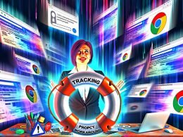 Illustration eines gestressten Marketers an einem chaotischen Arbeitsplatz mit Browser-Logos, Consent-Popups, Fehlern und einem leuchtenden Tracking-Proxy-Rettungsring