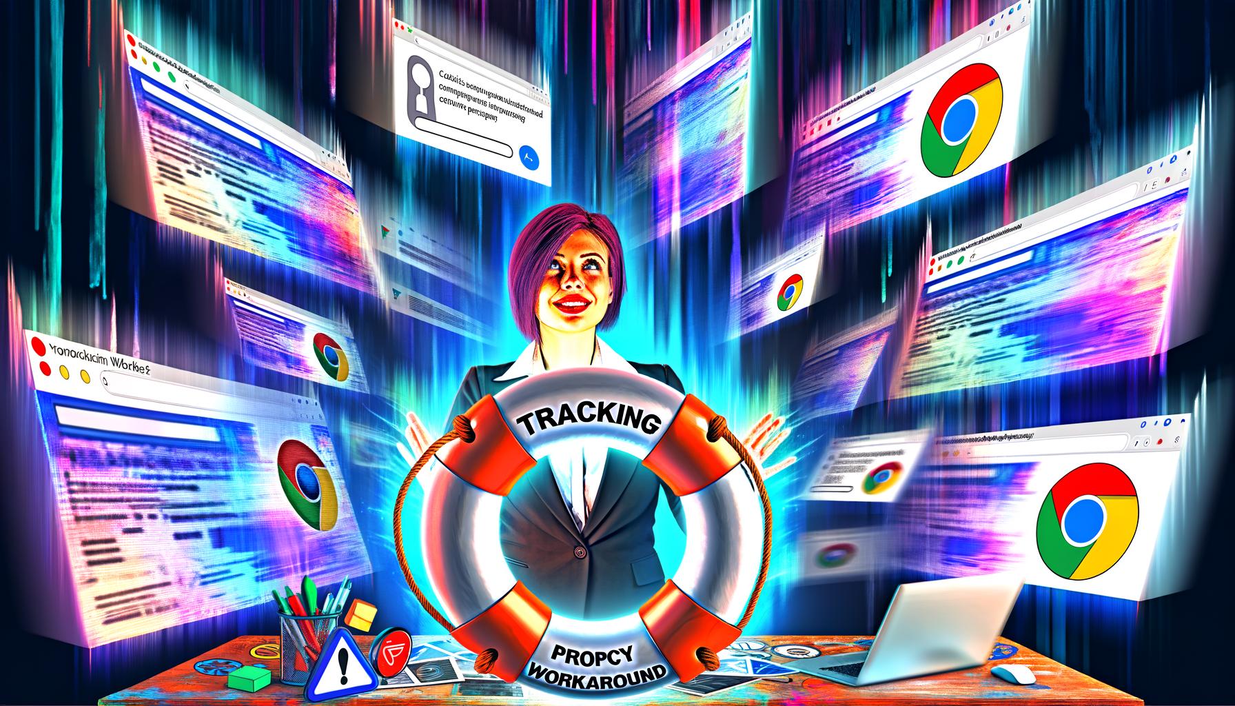 Illustration eines gestressten Marketers an einem chaotischen Arbeitsplatz mit Browser-Logos, Consent-Popups, Fehlern und einem leuchtenden Tracking-Proxy-Rettungsring