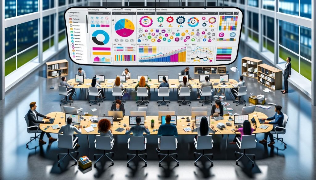 Modernes, gut organisiertes Büro mit Mitarbeitenden, die an einem großen Dashboard mit Diagrammen und Workflows arbeiten, alles wirkt digitalisiert und zukunftsorientiert.