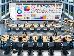 Modernes, gut organisiertes Büro mit Mitarbeitenden, die an einem großen Dashboard mit Diagrammen und Workflows arbeiten, alles wirkt digitalisiert und zukunftsorientiert.