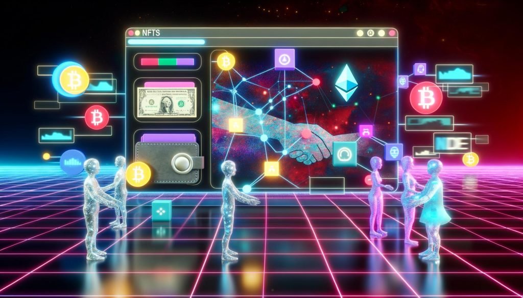 Digitale Szene eines Web3-Marktplatzes mit farbiger Gumroad-Oberfläche, NFT-Kunstwerken und Musikdateien, Wallet-Icons und Kryptowährungssymbolen. Käufer- und Verkäufer-Avatare handeln direkt über leuchtende Blockchain-Bausteine.