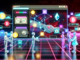 Digitale Szene eines Web3-Marktplatzes mit farbiger Gumroad-Oberfläche, NFT-Kunstwerken und Musikdateien, Wallet-Icons und Kryptowährungssymbolen. Käufer- und Verkäufer-Avatare handeln direkt über leuchtende Blockchain-Bausteine.