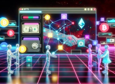 Digitale Szene eines Web3-Marktplatzes mit farbiger Gumroad-Oberfläche, NFT-Kunstwerken und Musikdateien, Wallet-Icons und Kryptowährungssymbolen. Käufer- und Verkäufer-Avatare handeln direkt über leuchtende Blockchain-Bausteine.
