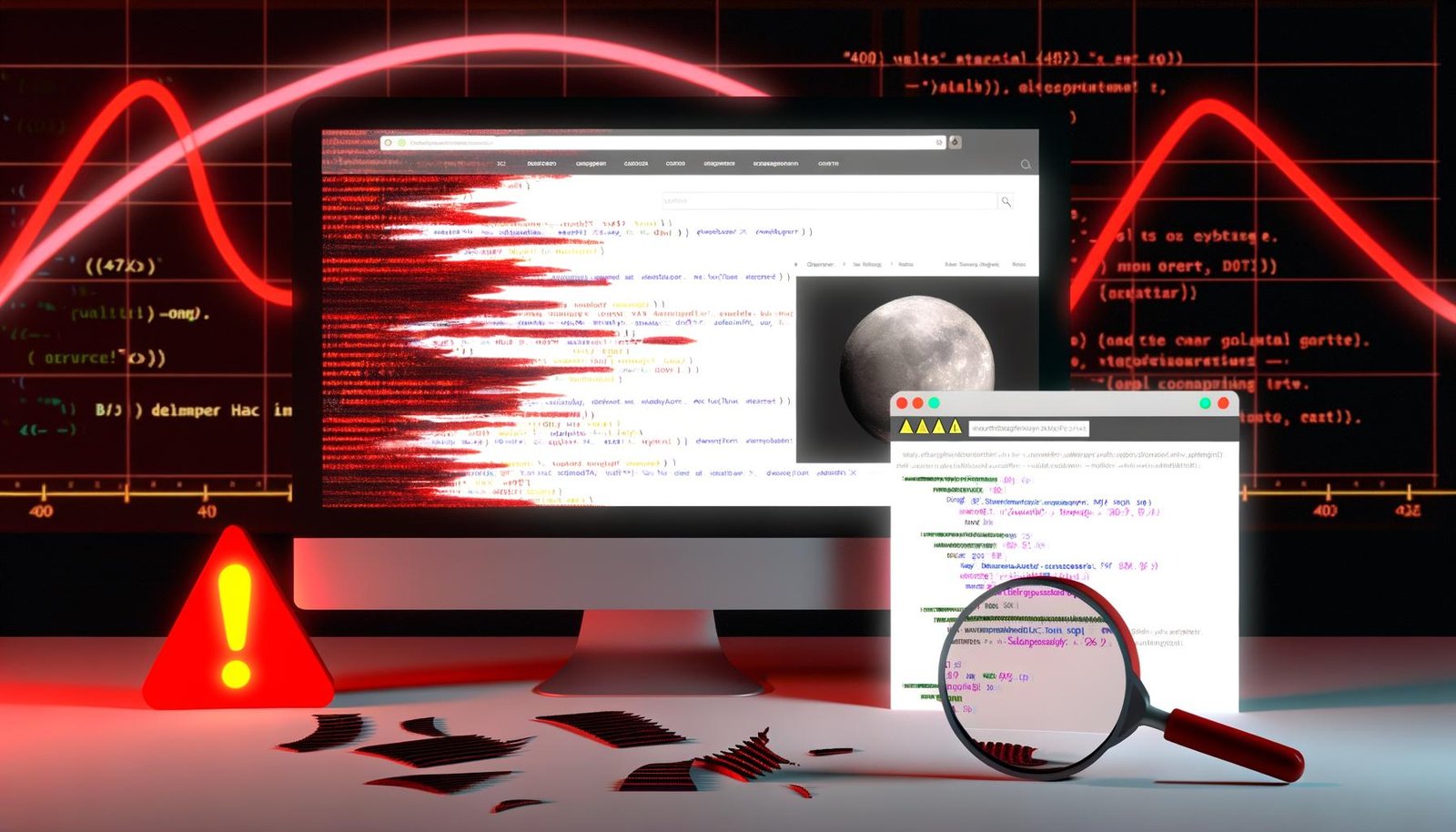 Ein Monitor mit moderner Webseite, roten Fehlermeldungen und sichtbaren Code-Fragmenten, im Hintergrund ein fallendes Google-Ranking-Diagramm, zerfallende Seitenelemente, Lupen und W3C-Validator-Fehlerbericht im Vordergrund.