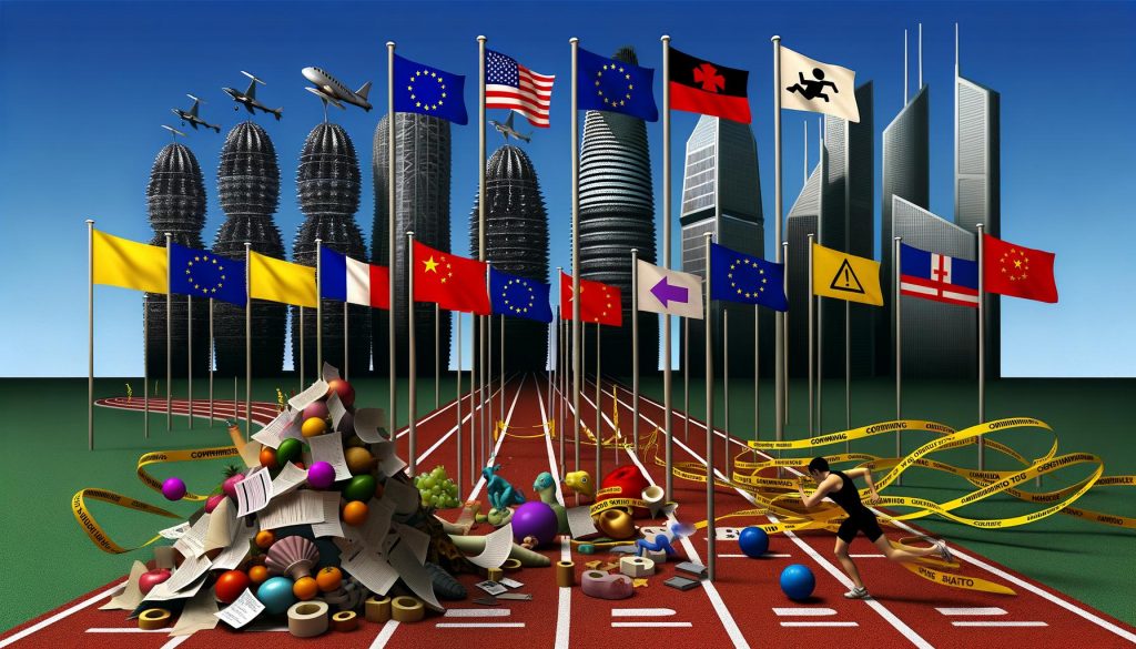 Symbolische Rennstrecke: EU durch Bürokratie gebremst, USA und China bei technologischem Wettlauf voraus, im Hintergrund moderne Skylines